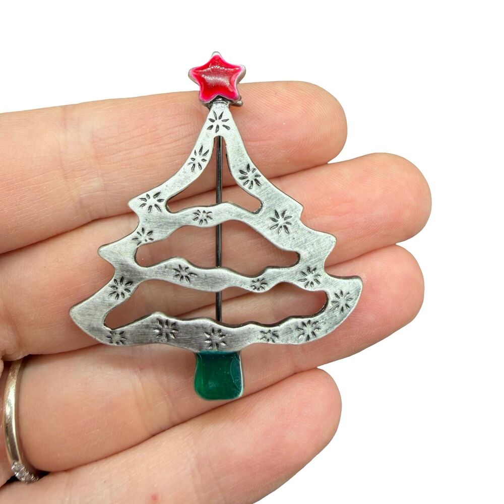 Vintage Christmas Tree Brooch,  Silver Tone Christmas Tree Pin